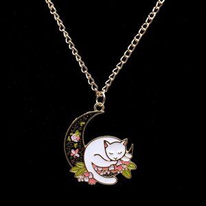 Handmade Goldtone & Ornate Enamel White Cat Sleeping on the Moon Necklace, New